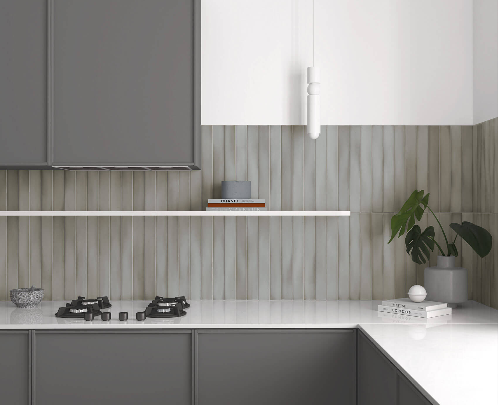 Render of a grey kitchen with white benchtop, grey subway tiles on the wall.