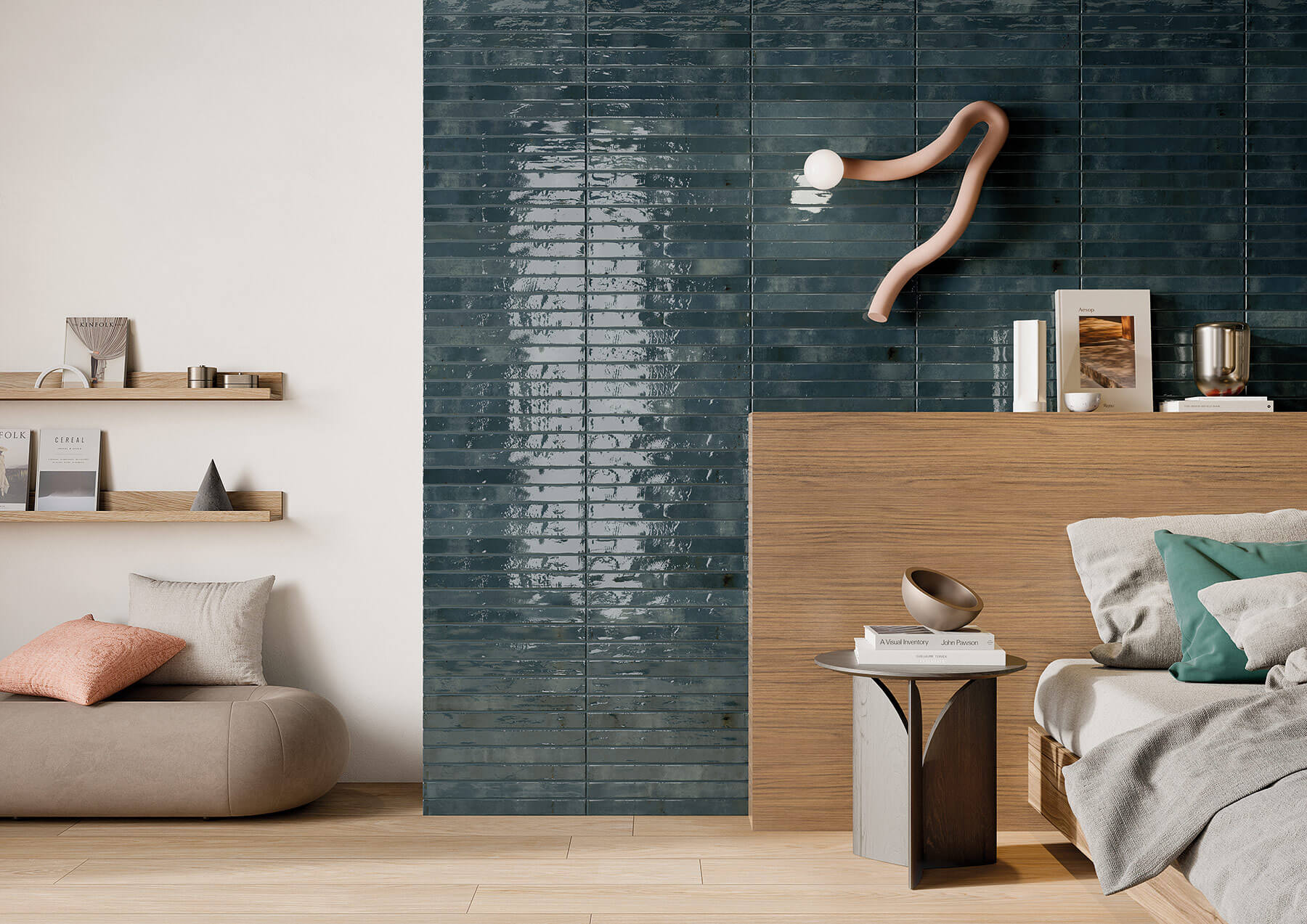 Modern bedroom with timber bedhead and feature wall of deep blue subway tiles laid horizontally.