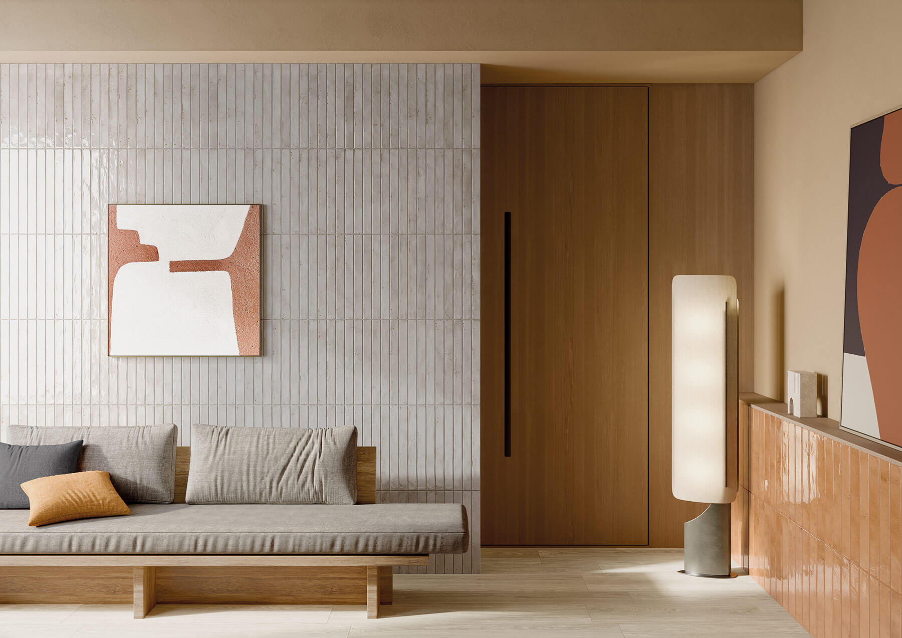 Contemporary living room with feature wall of long grey subway tiles laid vertically.