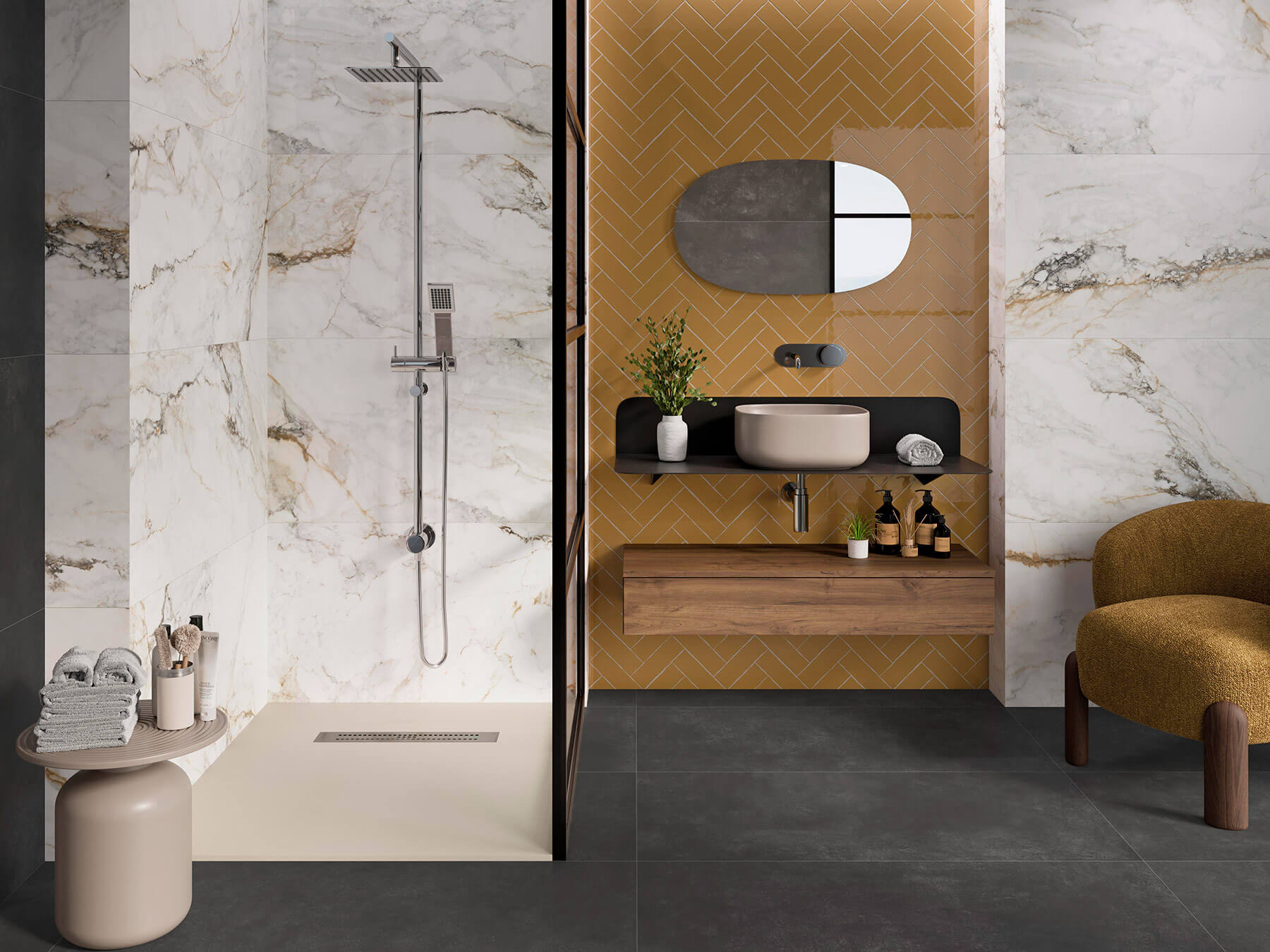 Bathroom with large square marble tiles in shower and a feature wall.