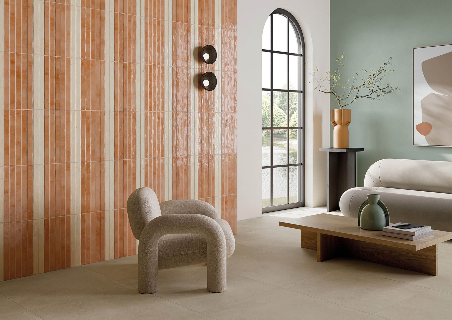 Lounge room with feature wall of white and orange subway tiles laid vertically.