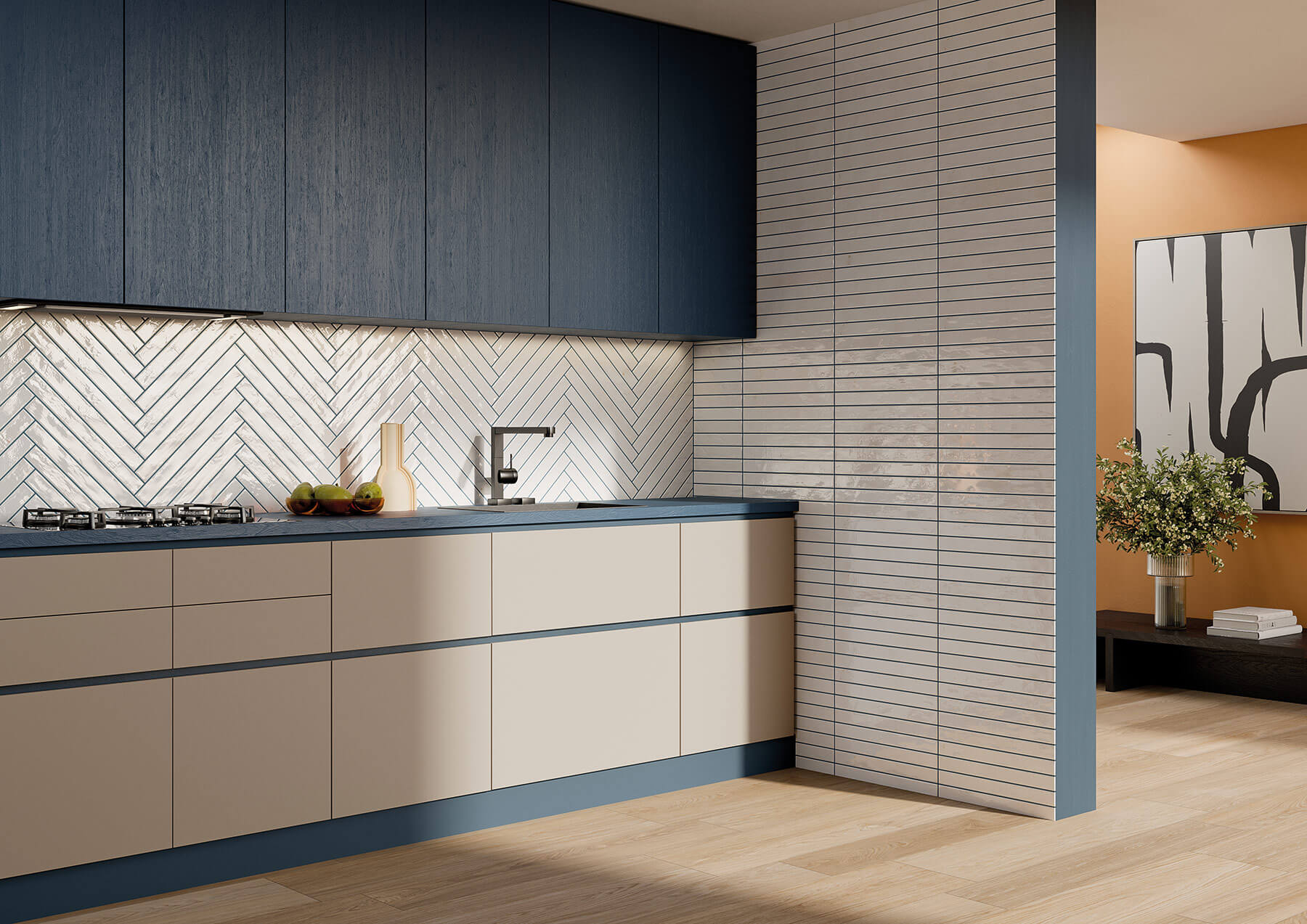 Kitchen with white subway tiles laid in herringbone pattern as the splashback and horizontal as the wall.