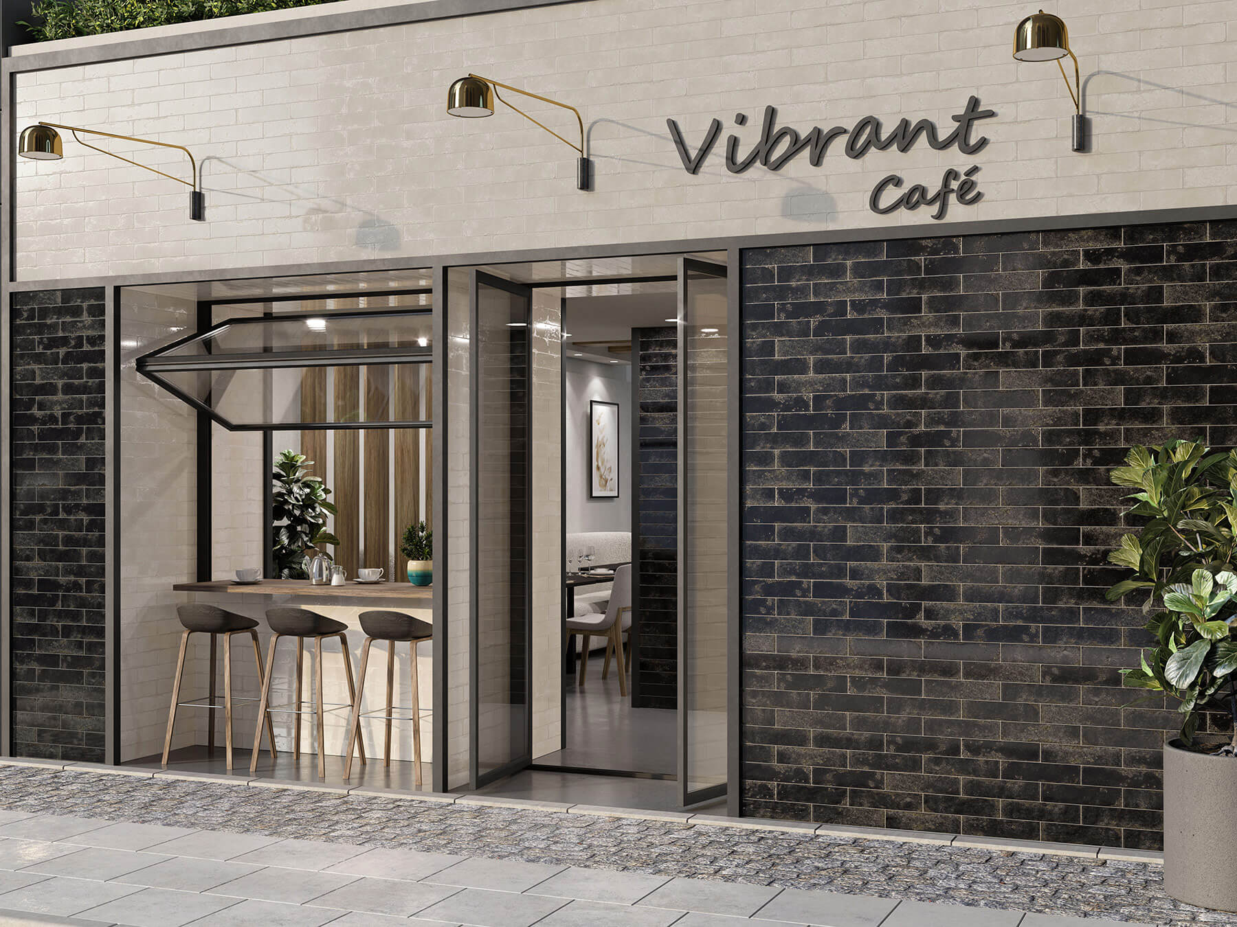 Digital concept for a cafe storefront featuring opening window and wall of dark grey tiles laid to look like bricks.