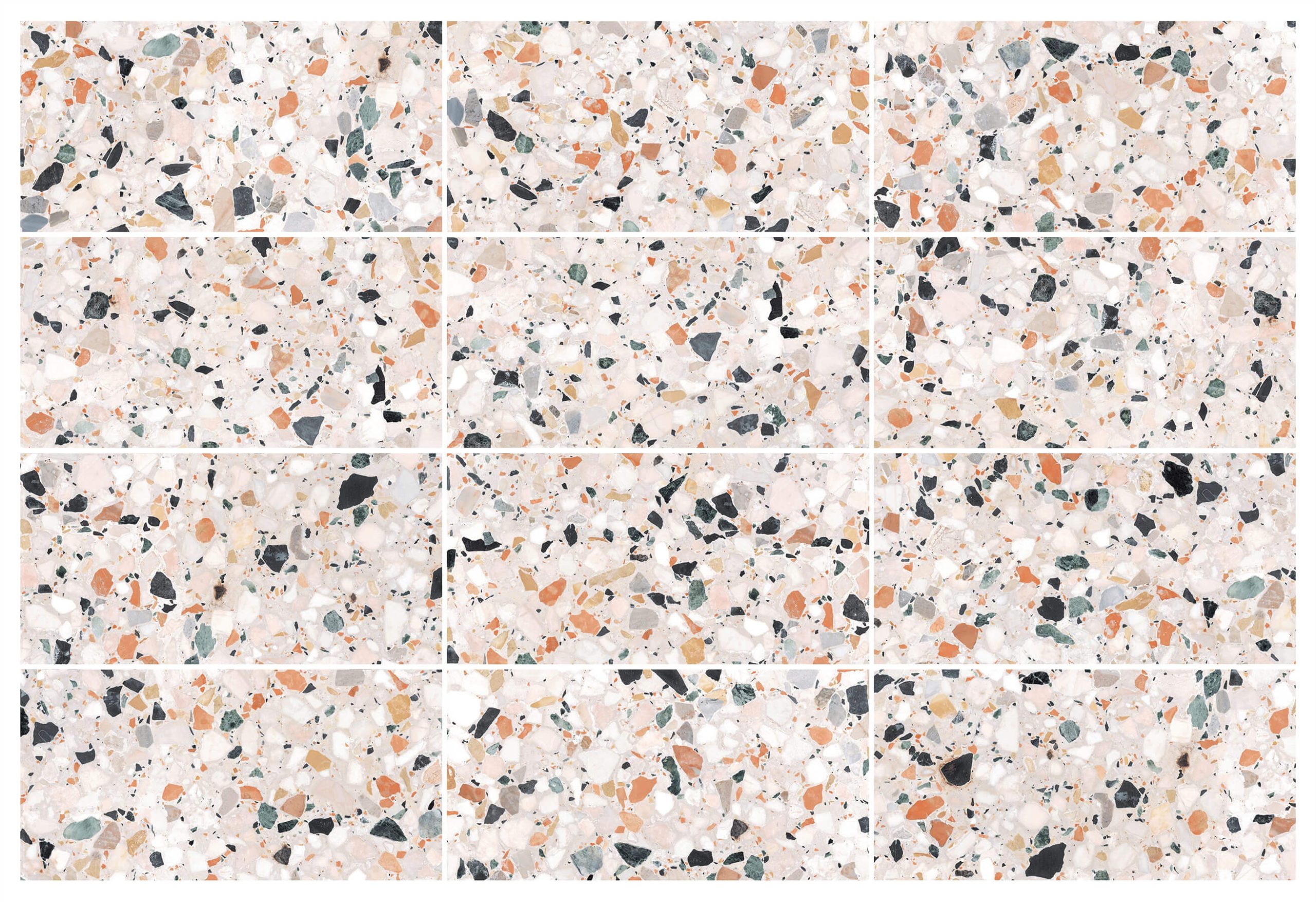 Close up of orange, white, grey and black speckle rectangle tiles.