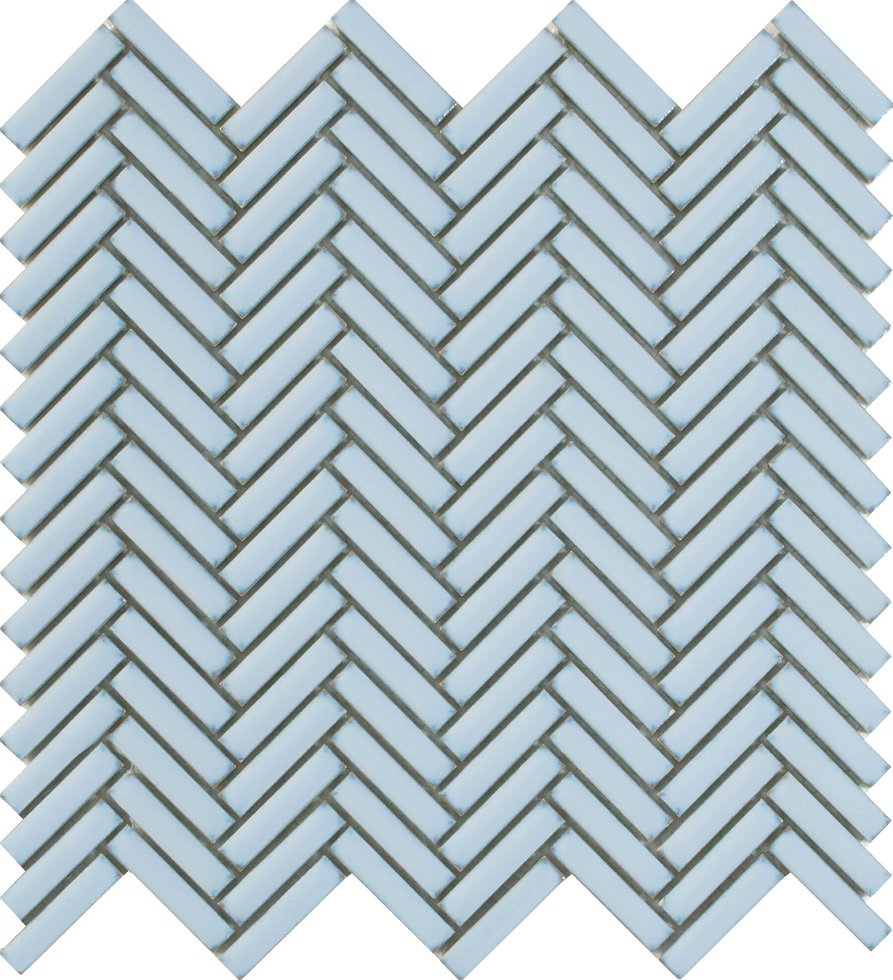 Thin rectangle tiles in soft blue herringbone pattern.