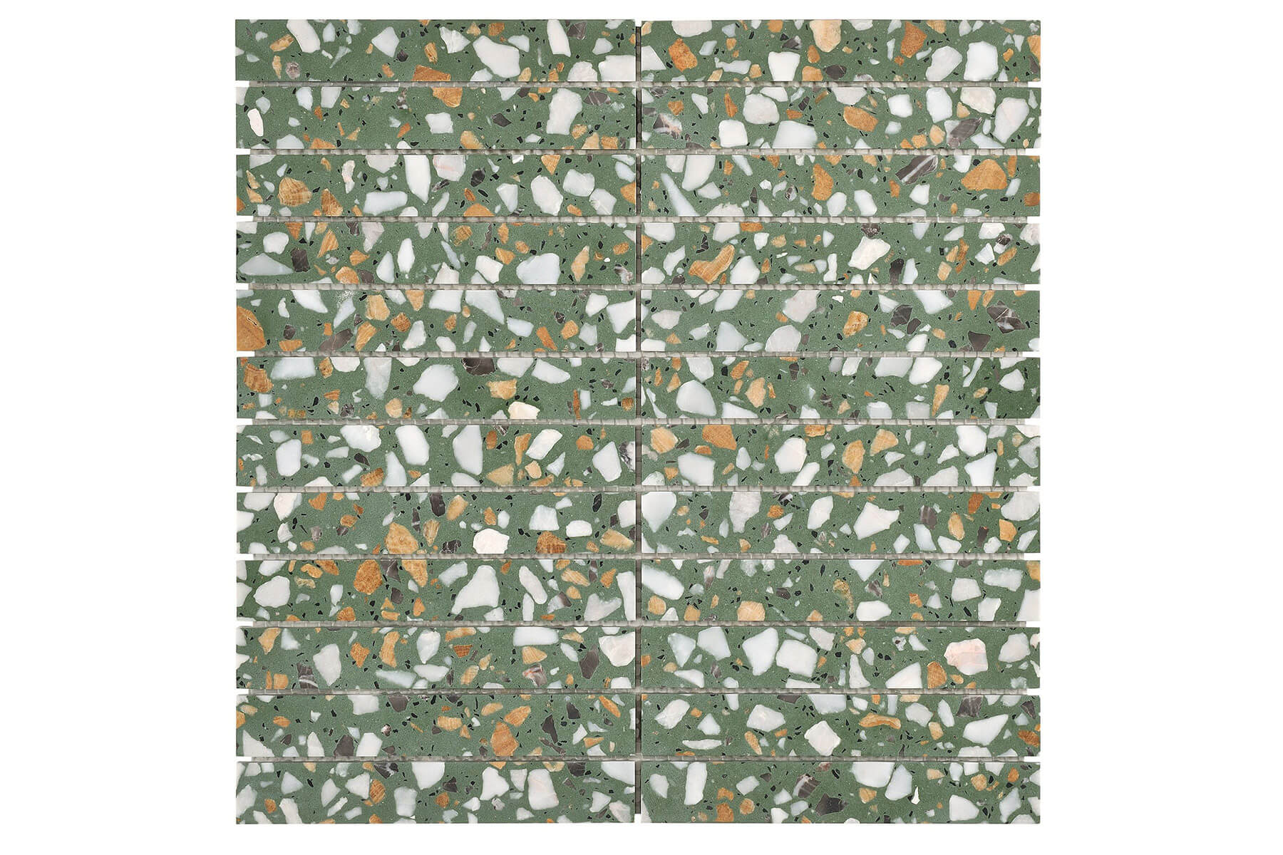 Close up of speckle tiles with green background and white and stone specks.