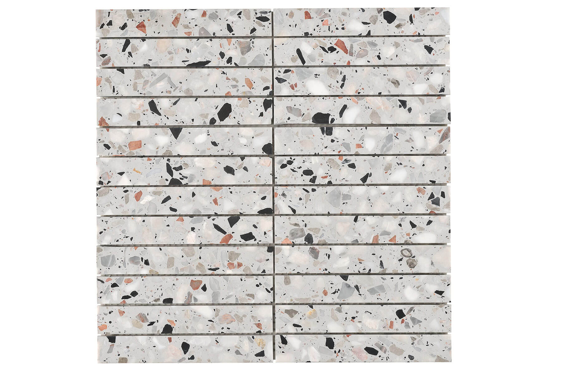 Close up of speckle tiles with grey background and white, black and stone colour specks.