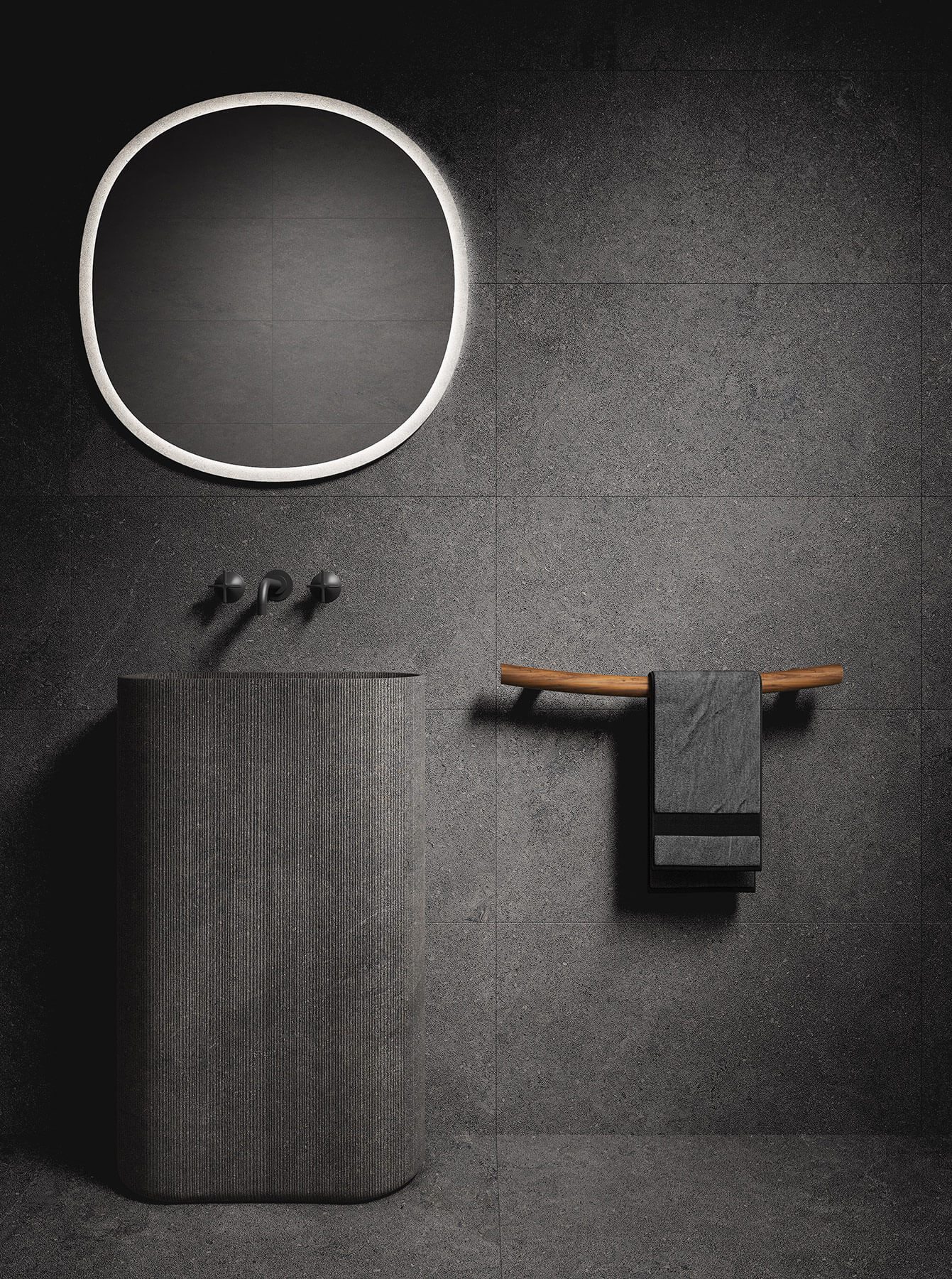 Modern ensuite with dark charocal tiles and vanity
