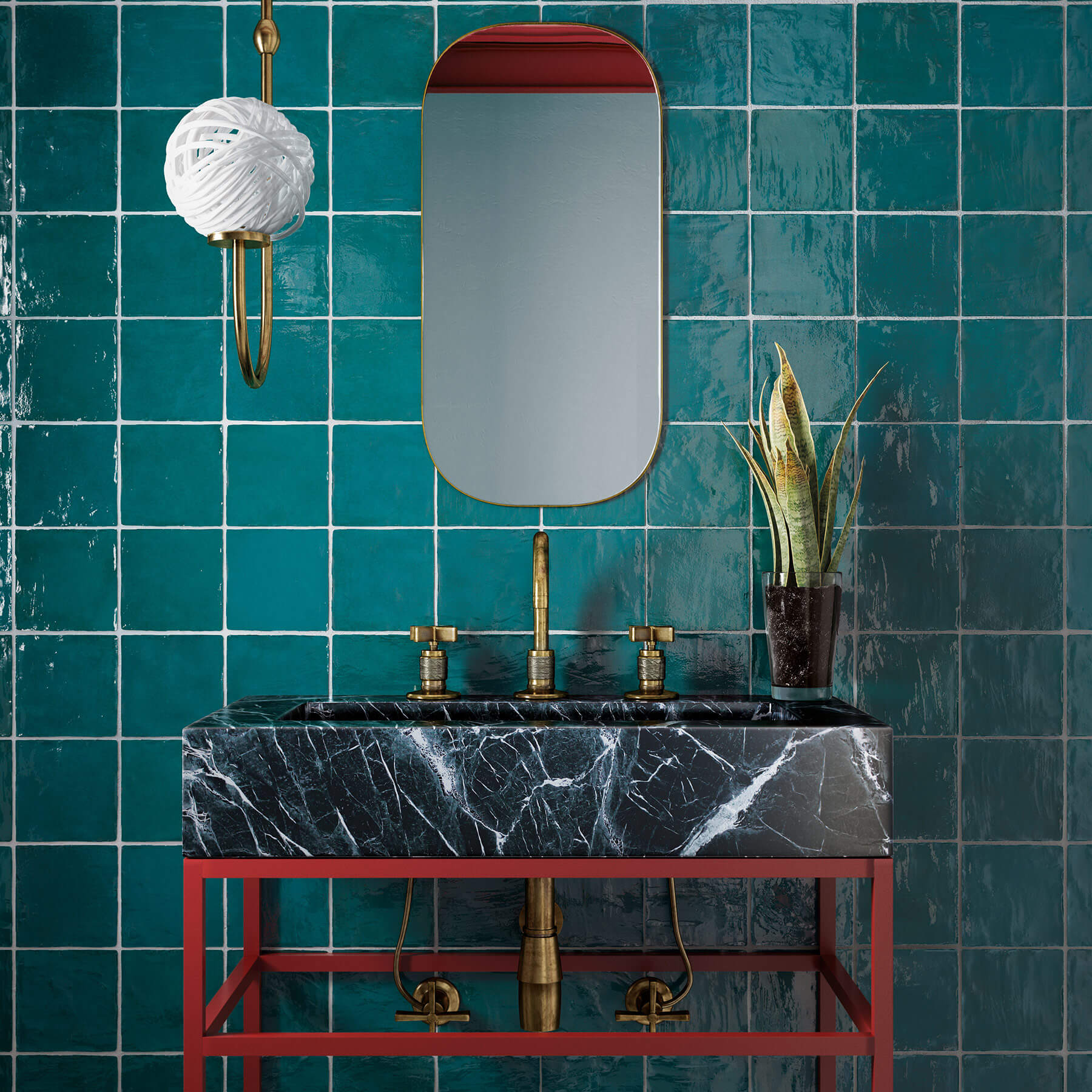 Close up of wall behind bathroom vanity showing small square jade tiles.