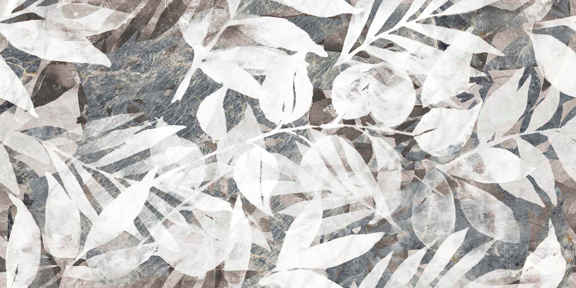 A design of semi transparent white leaves overlaying each other so you can see multi layers of them. Grey background.