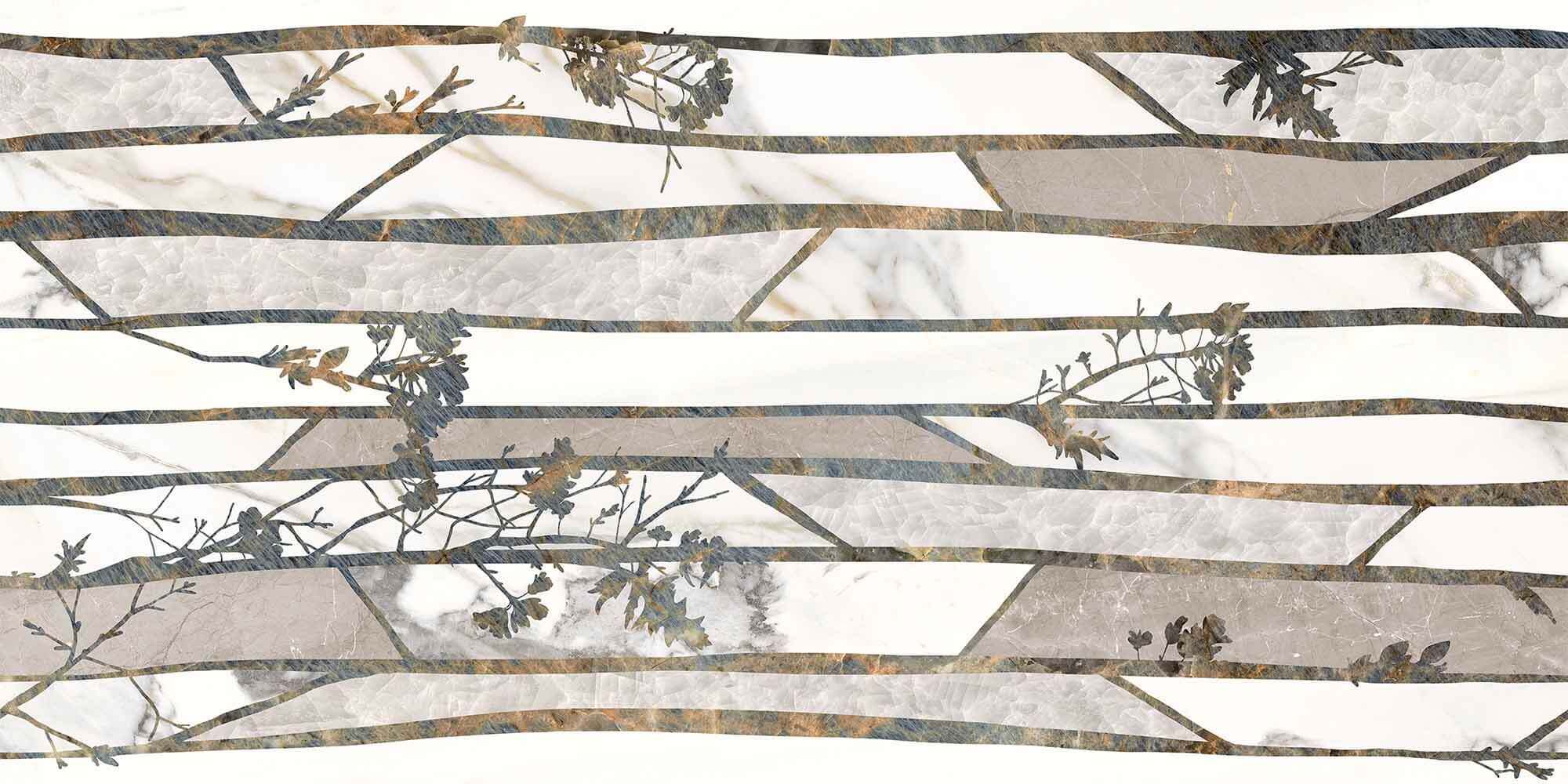 Design of twig branches with leaves inlaid onto white and grey tiles.