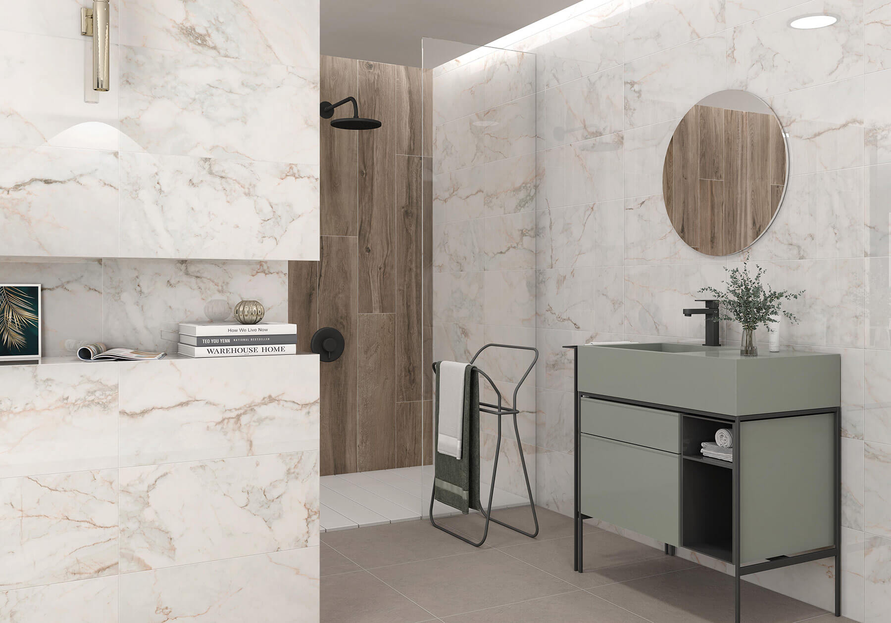 Rendering of a modern bathroom with marble tiles