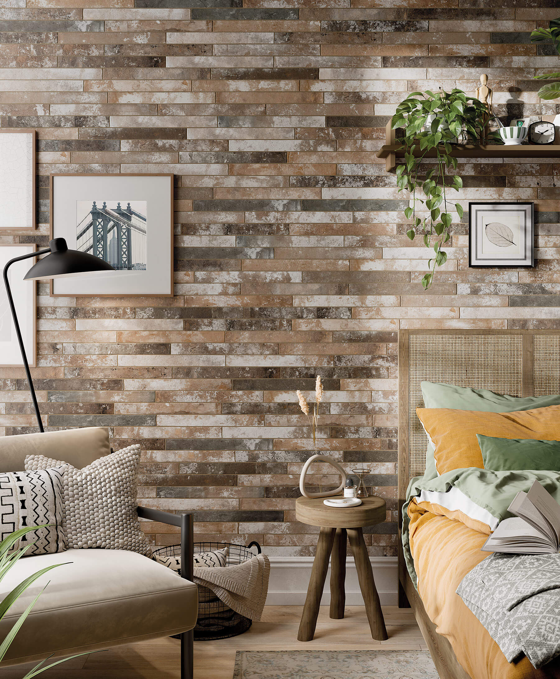 A bedroom with simple timber furniture and a large feature wall of rustic, distressed looking white, grey and brown subway tiles laid horizontally.