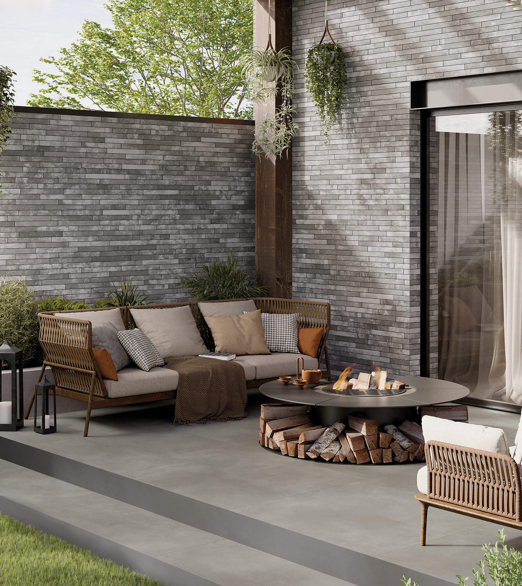 Concept outdoor entertaining space with feature tiles on the floor that looks like grey subway tiles, and large square tiles on the floor that look like concrete.