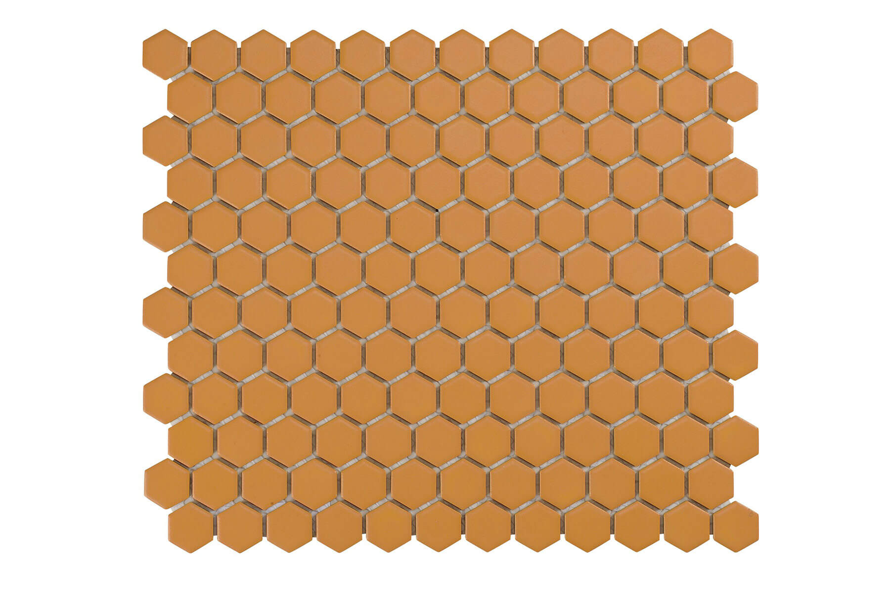 Close up of tan colour hexagon mosaic tiles on white background.