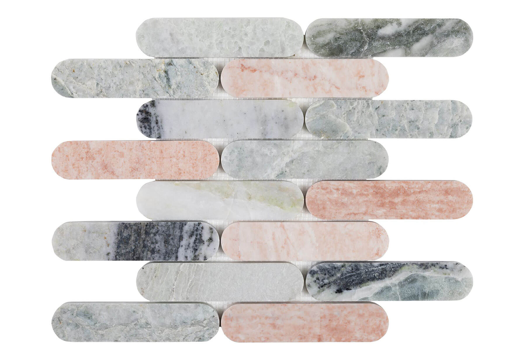 Close up of multi colour stone look tiles on white background