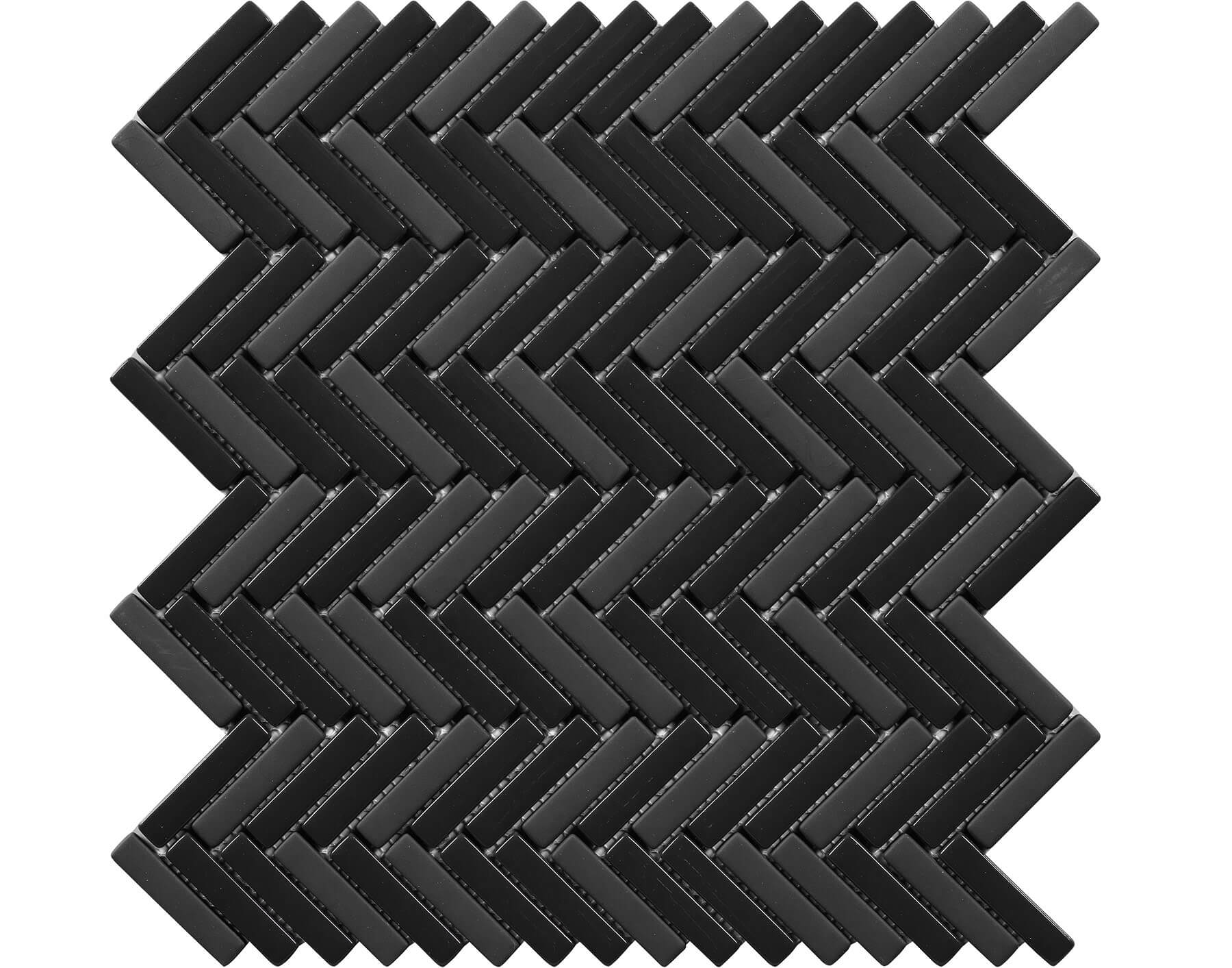 Close up of thin white tiles in herringbone pattern. Tiles have a mix of matt and gloss finishes.