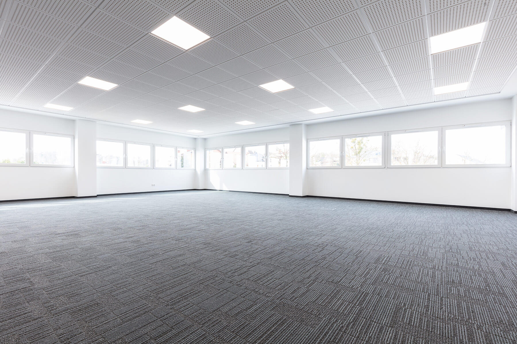 Large empty white office with grey carpet tiles.