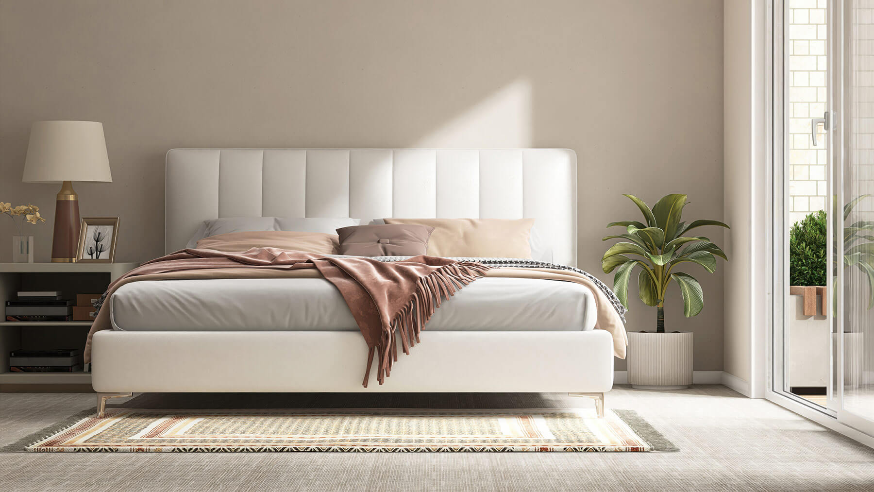 Contemporary bedroom with feature rug and carpet.