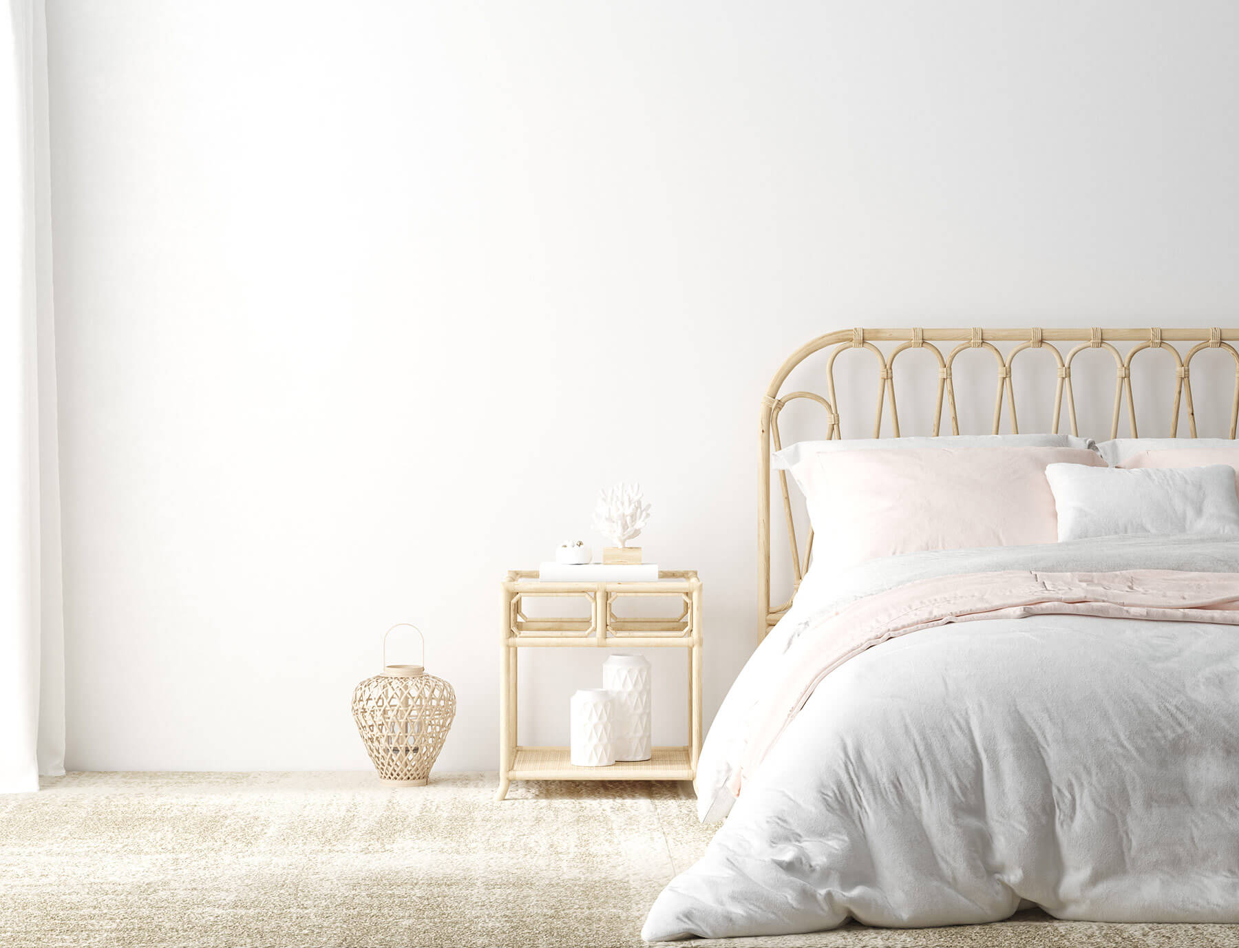 White bedroom wall with feature fluffy white carpet.