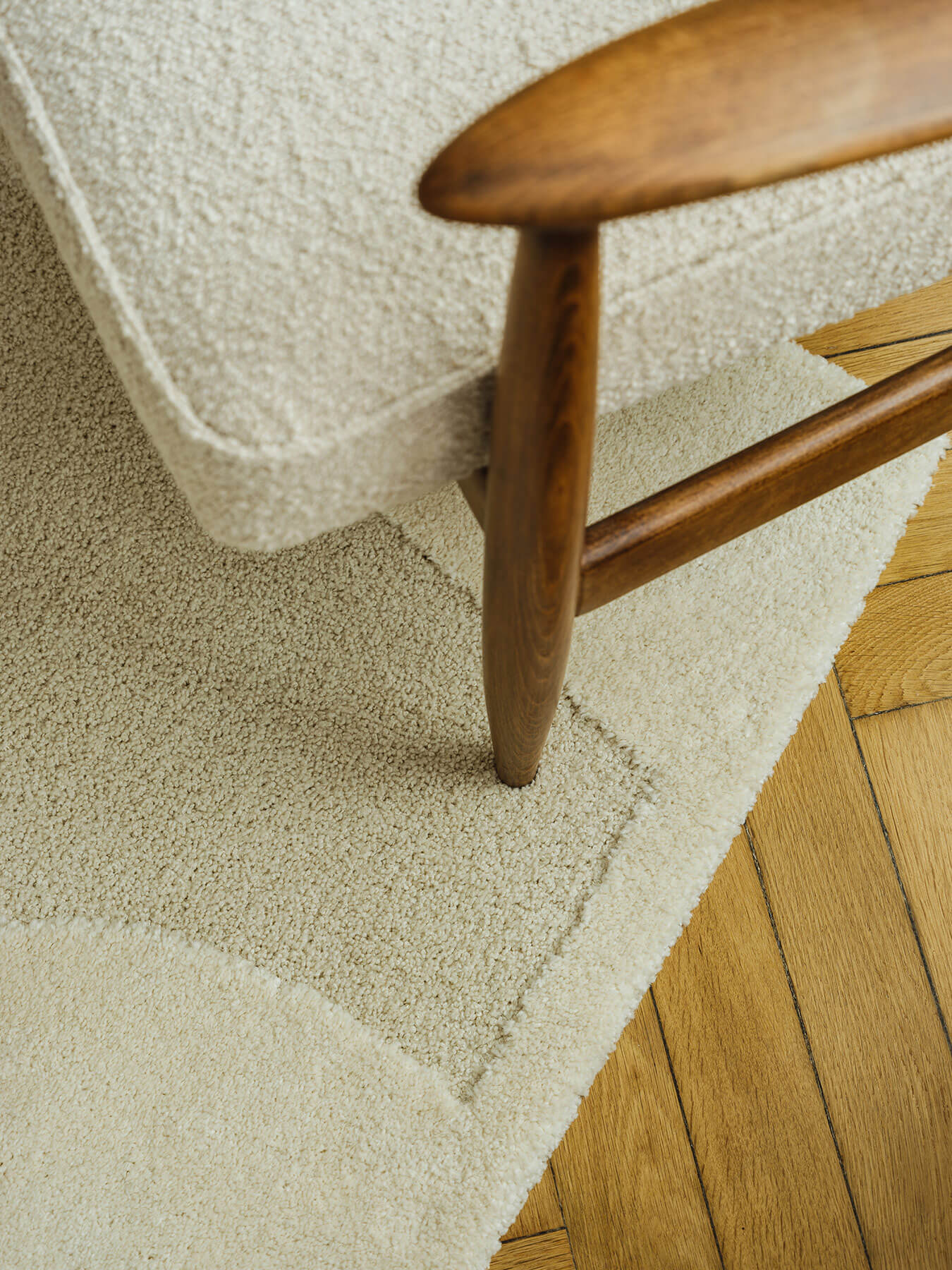 Close up of fluffy cream colour rug.
