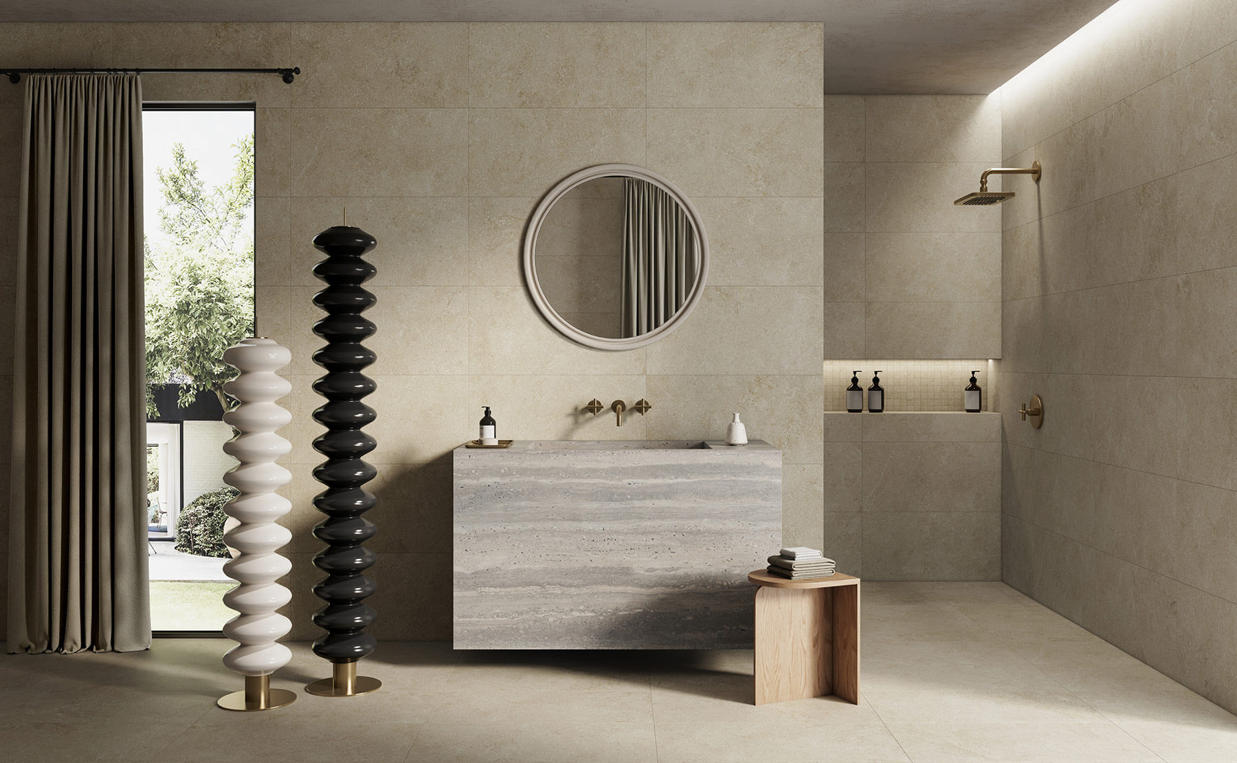 Large contemporary bathroom with feature rectangle stone cream colour tiles on the walls and floor.