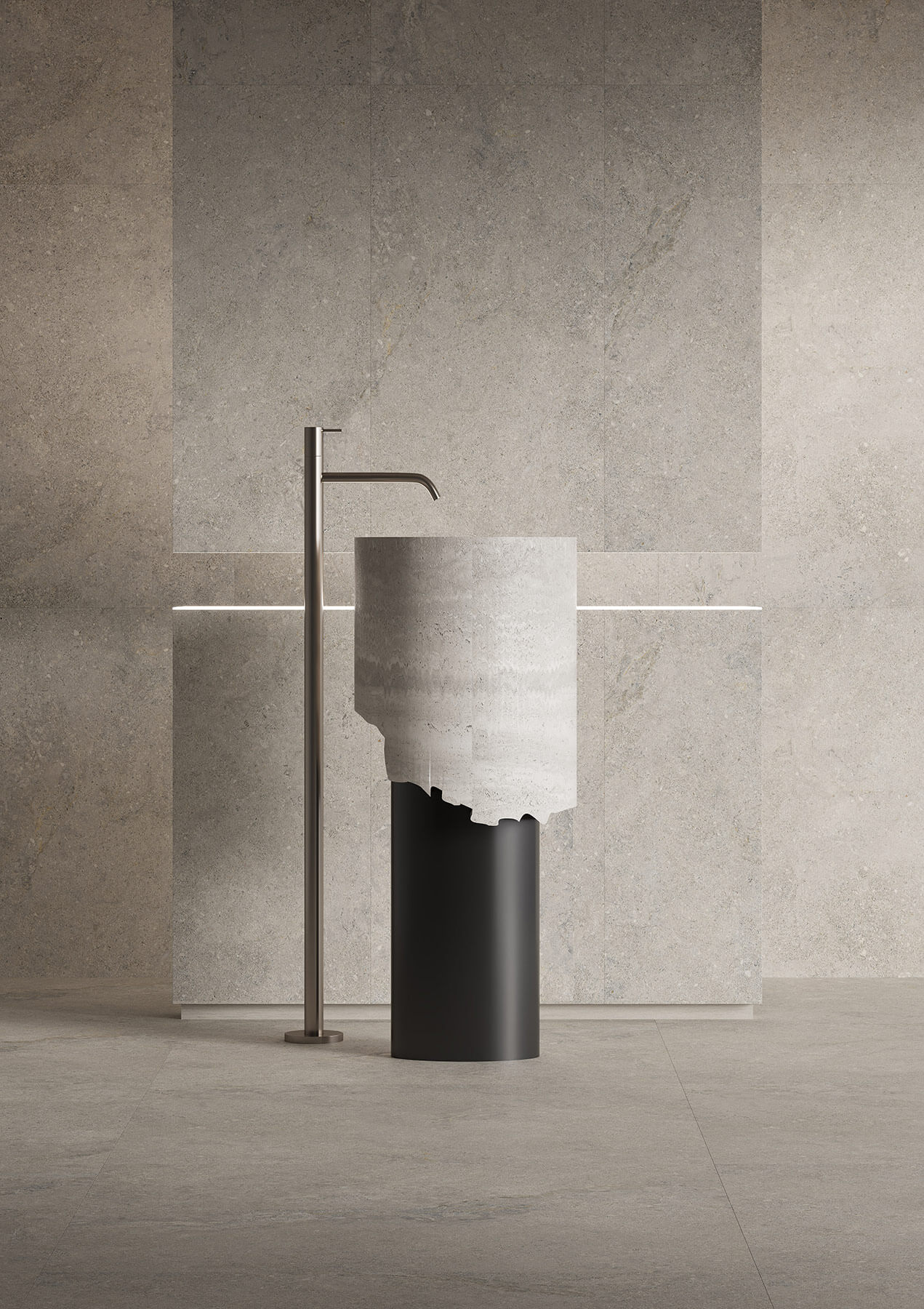 Contemporary bathroom with large grey stone tiles on walls and floor. Circular vanity as a feature.