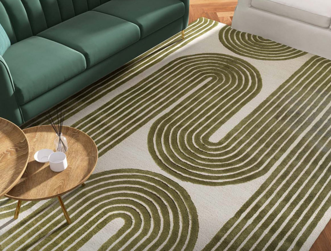 Modern floor rug with lines design that flows like a wave. Rug is white with green design.