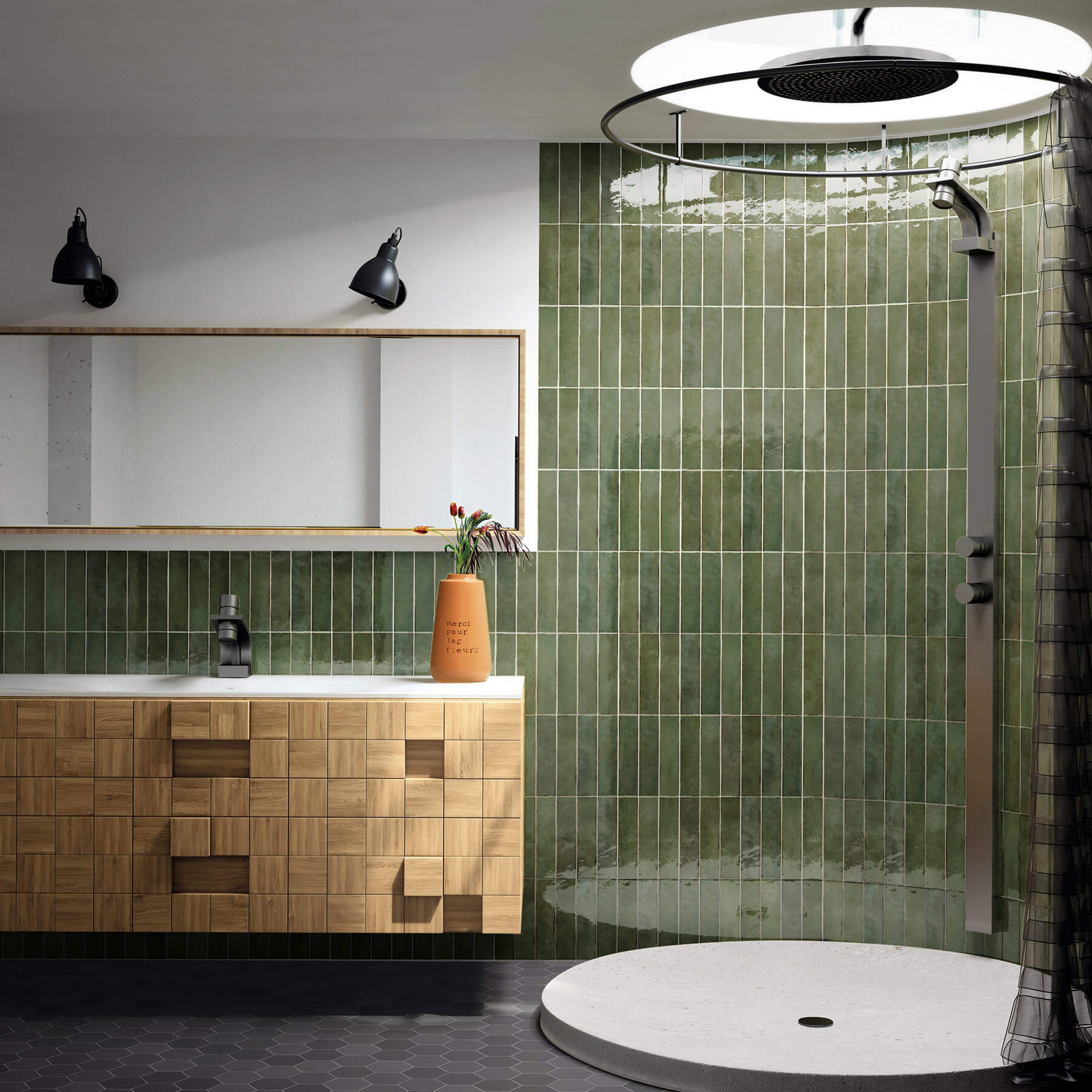 Stunning gumleaf green subway tiles lining a curved shower recess and vanity splashback. A modern circular shower and unique timber vanity cabinet.