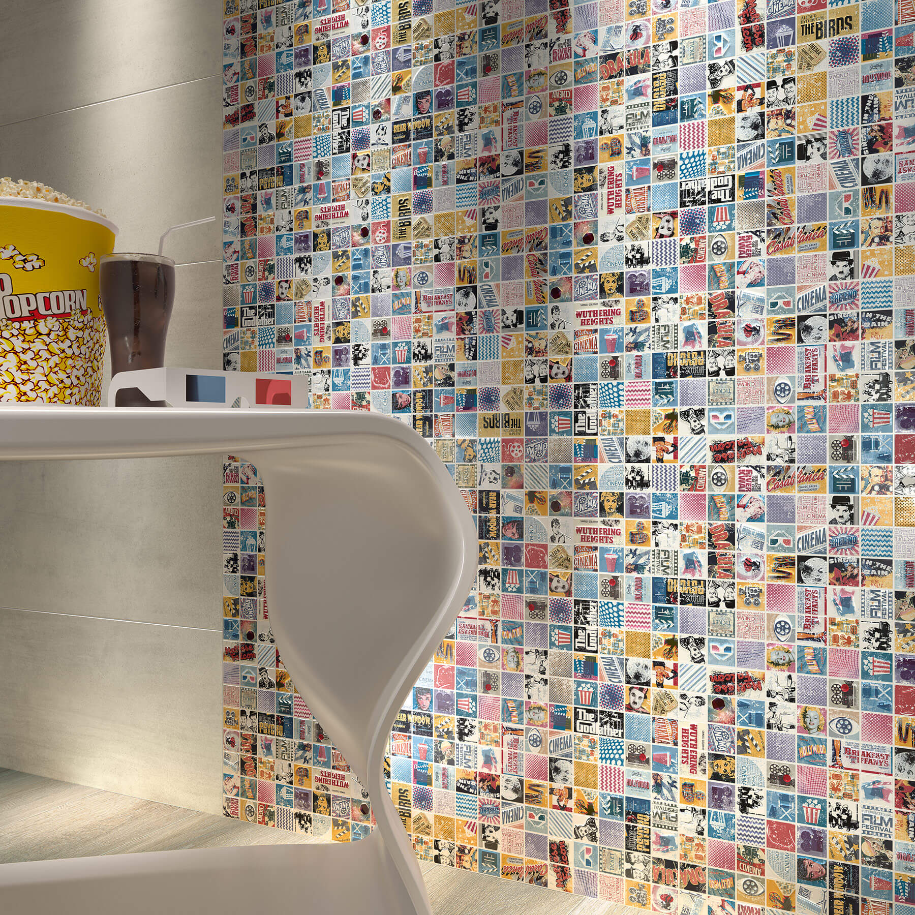 A feature wall in an office showing a fun tile with lots of different pop-art style graphics.