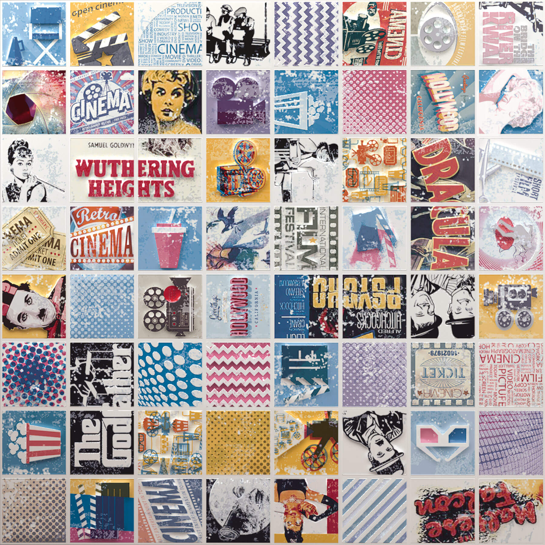 A tile panel of lots of smaller tiles with different pop-art style graphics.
