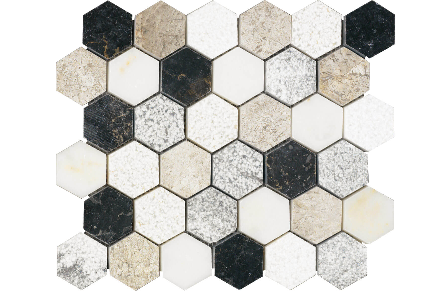 Close up of black, grey and white hexagon mosaic tiles on white background.