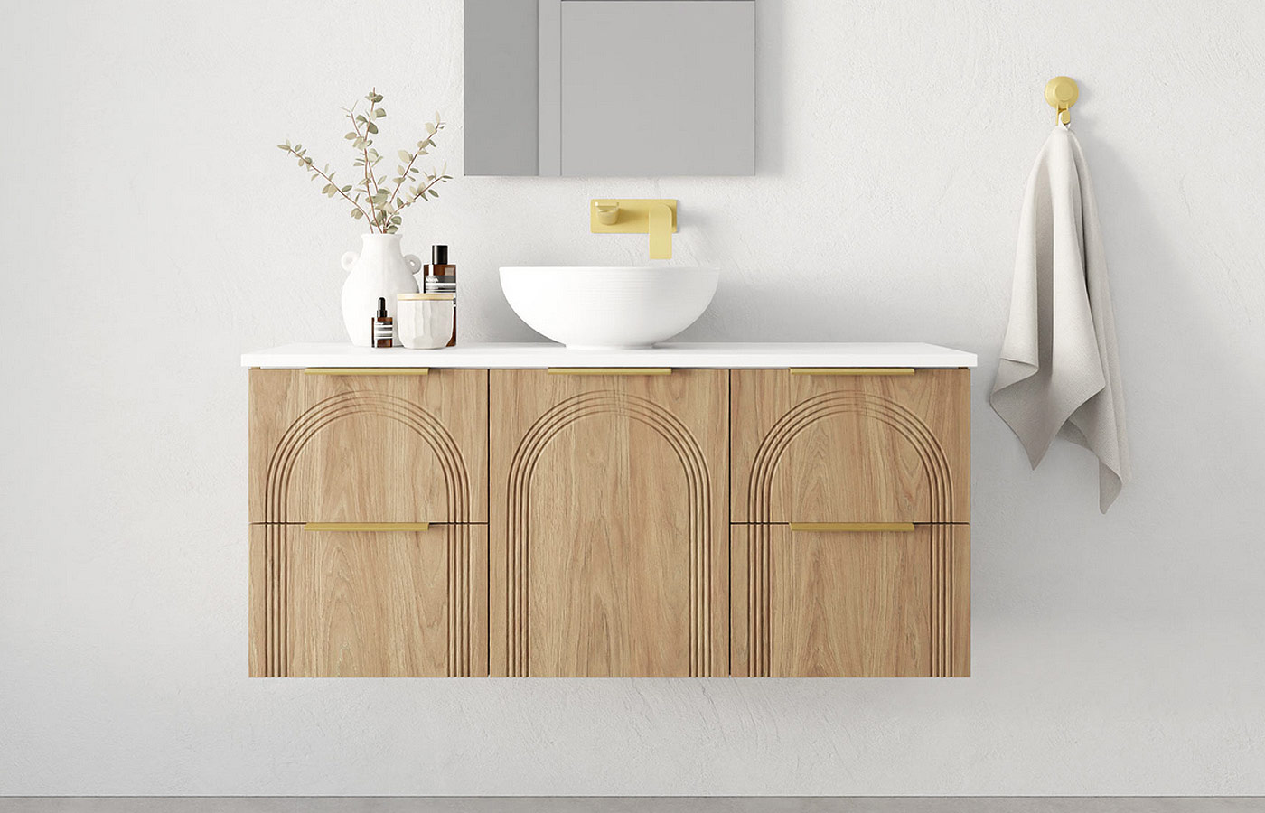 White bathroom with contemporary timber vanity mounted to the wall.